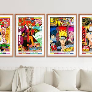 May include: Four framed Naruto manga covers. Each features vibrant illustrations of characters in action, with bold colors and Japanese text. The frames are a warm wood tone, and the posters are displayed above a white couch with pillows.