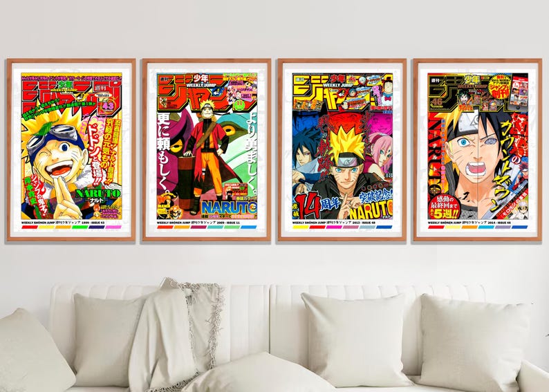 May include: Four framed Naruto manga covers. Each features vibrant illustrations of characters in action, with bold colors and Japanese text. The frames are a warm wood tone, and the posters are displayed above a white couch with pillows.