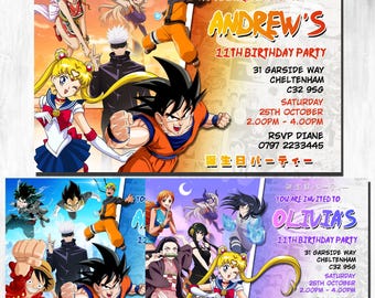 Invitaciones personalizadas para fiesta de cumpleaños de anime para niños, niñas y niños.