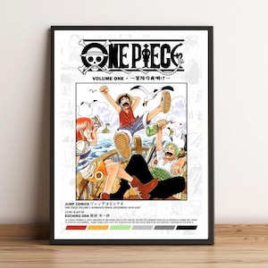 May include: A framed poster featuring the One Piece Volume One manga cover art. The illustration shows three characters on a wooden ship deck with the title text at the top, author credits, and a brief summary of the story printed below.