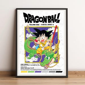 May include: A framed Dragon Ball Volume One poster. The artwork features a young boy in a yellow outfit riding a green dragon. The title "DRAGON BALL" is in large black letters at the top, with Japanese text and the volume number below.