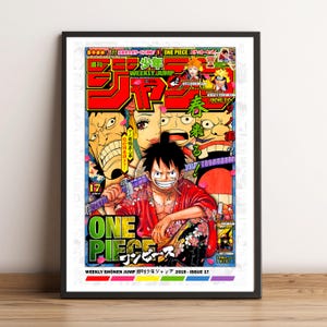 May include: A framed poster featuring the cover of Weekly Shonen Jump magazine. The cover art showcases a vibrant illustration of the manga series "One Piece." The artwork includes the title "ONE PIECE" in large green letters, and the issue number is 17.