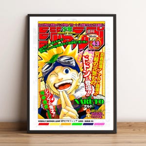 May include: A framed poster featuring the cover of Weekly Shonen Jump magazine. The cover art showcases a smiling anime character with blonde hair, goggles, and a leaf, set against a vibrant yellow and red background. Text in Japanese is visible.