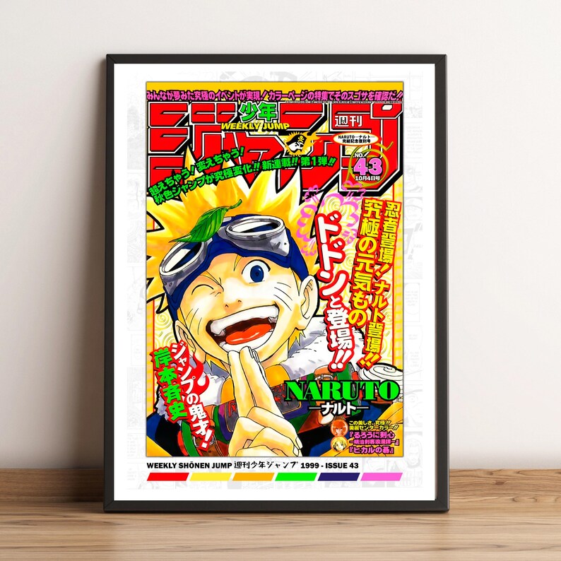 May include: A framed poster featuring the cover of Weekly Shonen Jump magazine. The cover art showcases a smiling anime character with blonde hair, goggles, and a leaf, set against a vibrant yellow and red background. Text in Japanese is visible.