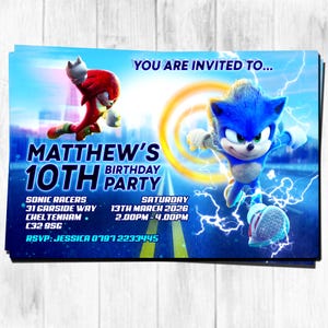 May include: A stack of birthday party invitations featuring Sonic the Hedgehog and Knuckles. The invitations have a blue background with lightning bolts and the text "YOU ARE INVITED TO..." and "MATTHEW'S 10TH BIRTHDAY PARTY".