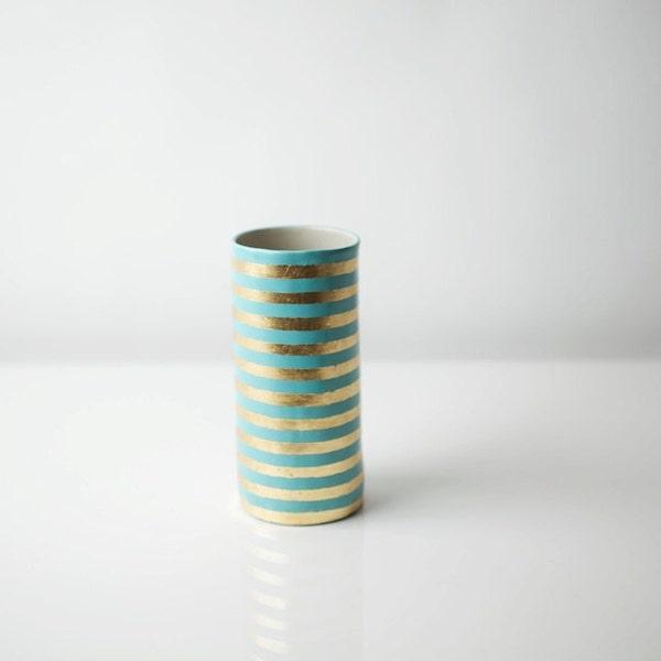 Aqua & Gold Stripe Vase RESERVED FOR EMMA