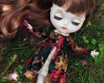 OOAK Cottagecore corduroy flower printed coat for Blythe dolls