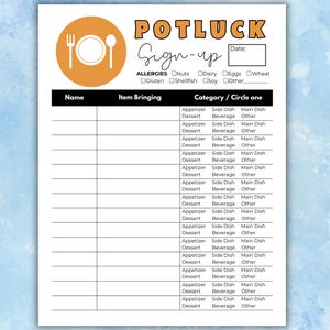 Puede incluir: Una hoja de inscripción para una comida compartida en blanco con un fondo de acuarela azul claro. La hoja incluye secciones para nombre, artículo y categoría, con casillas de verificación para alérgenos comunes. La palabra "POTLUCK" está en la parte superior.