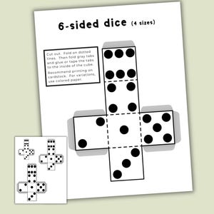 Dice Pattern in Four Different Sizes, Printable Dice Template, DIY Make Your Own Dice, Kids Crafts, Family Game Night, Kids Games
