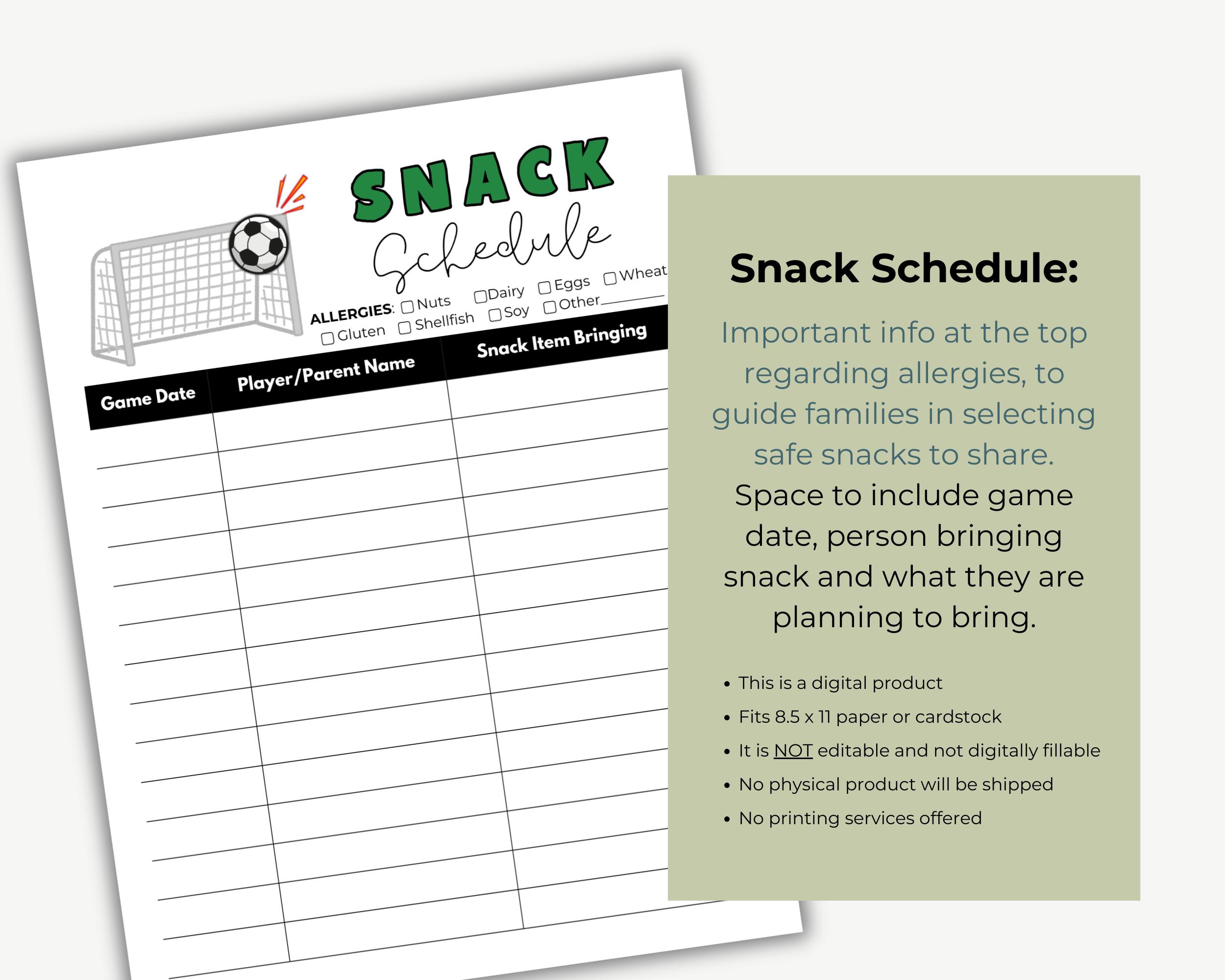 Soccer Snack Sign up Sheet With Allergy Safe Info, Game Day Snacks ...