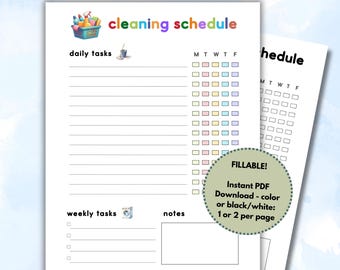Puede incluir: Un horario de limpieza imprimible con el título "cleaning schedule" en colores del arcoíris. El horario incluye secciones para tareas diarias y semanales, con casillas de verificación para cada día de la semana. Un gráfico circular dice "FILLABLE!" y "Instant PDF Download - color or black/white: 1 or 2 per page."