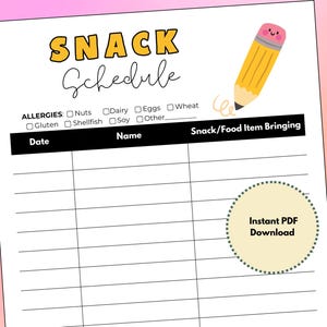 Könnte beinhalten: Ein druckbarer Snack-Plan mit einer Illustration eines gelben Bleistifts. Der Plan enthält Abschnitte für Datum, Name, Snack/Lebensmittel zum Mitbringen und Allergien. Der Abschnitt Allergien enthält Kontrollkästchen für Nüsse, Milchprodukte, Eier, Weizen, Gluten, Schalentiere, Soja und andere.
