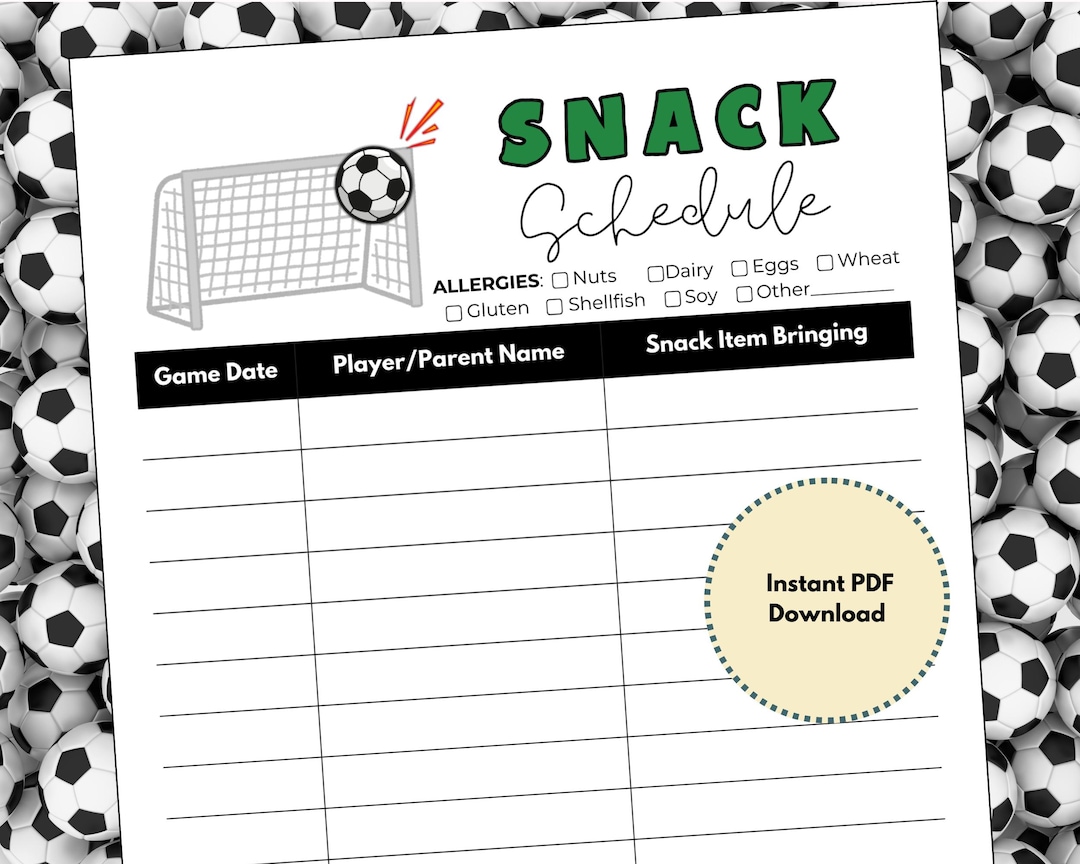 Soccer Snack Sign up Sheet With Allergy Safe Info, Game Day Snacks ...