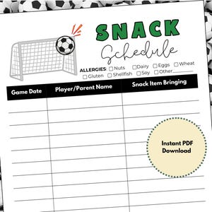 Könnte beinhalten: Ein druckbarer Fußball-Snack-Plan mit einem Fußball und einem Tor-Motiv. Der Plan enthält Spalten für das Spieldatum, den Namen des Spielers/Elternteils und den mitzubringenden Snack. Außerdem enthält er einen Abschnitt für Allergien mit Kontrollkästchen für Nüsse, Milchprodukte, Eier, Weizen, Gluten, Schalentiere, Soja und andere.