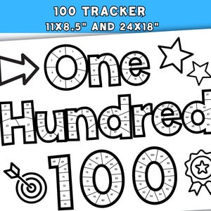 以下が含まれることがあります： 上部に「100 TRACKER 11X8.5" AND 24X18"」というテキストが入った、白黒の100トラッカー。トラッカーには、番号付きセクションの「One Hundred 100」という単語と、星、矢印、ターゲット、バッジが含まれています。