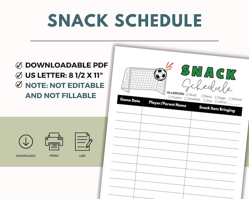 Soccer Snack Sign up Sheet With Allergy Safe Info, Game Day Snacks ...