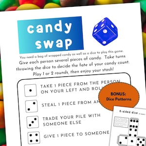 Candy Dice Game, Roll the Dice Game Printable, Games for Kids, Family Game Night, Games for Adults, Birthday Party Games, Dice Pattern