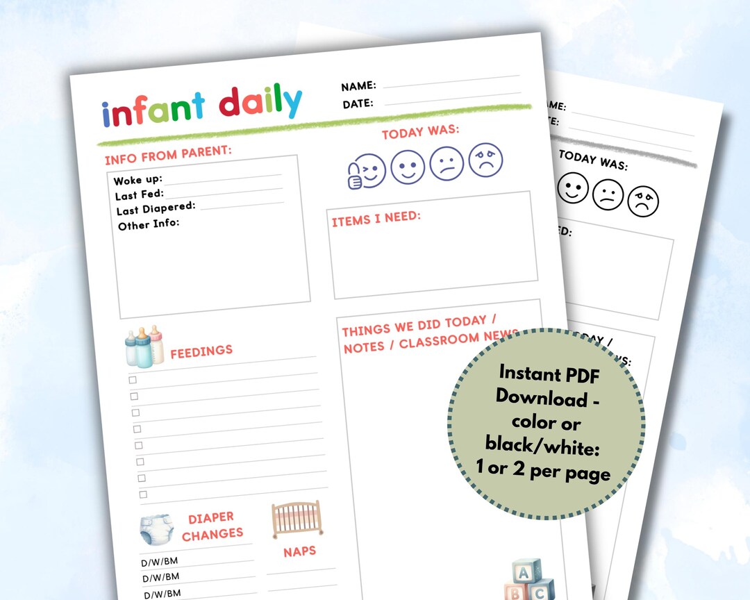 Infant Daily Report Log for Child Care Center Teachers, Family Daycare ...