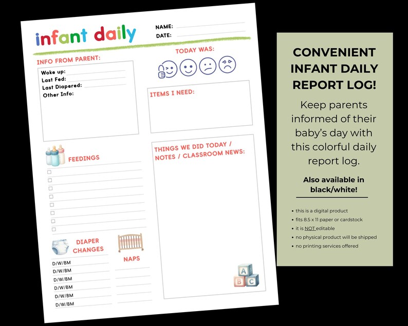 Infant Daily Report Log for Child Care Center Teachers, Family Daycare ...