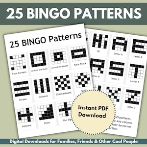 Puede incluir: Una hoja imprimible de 25 patrones de bingo. Los patrones se muestran en un formato de cuadrícula con cuadrados negros y blancos. Los patrones incluyen nombres como "Cuatro esquinas", "Alrededor del bloque", "Pista de carreras", "Rayas", "Columnas", "Tablero de ajedrez", "Avión", "Escaleras", "Signo más", "¡Hola!", "Letra A", "Letra E", "Letra R", "Letra S", "Letra T", y "Letra Z".