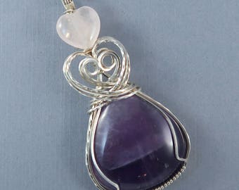 Triple Heart Large Amethyst, Rose Quartz and Sterling Silver Wire Wrapped Gemstone Pendant