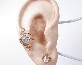 Galaxy Style Ear Cuff 14k Rose Gold Filled and Swarovski Light Turquoise Aurora Borealis ear jewelry or your choice cartilage earring