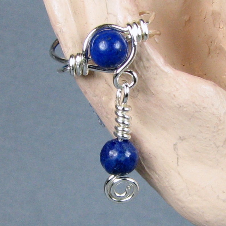 Lapis Lazuli Dangle Ear Cuff Sterling or Gold personalize non pierced ear wrap cartilage earring image 1