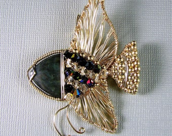 14k Gold Filled Wire Wrapped Art Pendant Slide Angelfish rainbow Obsidian and Swarovski Crystal