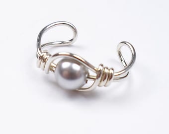 Ear Cuff Sterling Silver Swarovski Crystal Light Gray Pearl or your choice of Bead Non Pierced Cartilage Earring