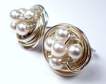 Sterling Silver Post Earrings Pearl Swarovski Crystal June Birthstone Stud Customize Personalize