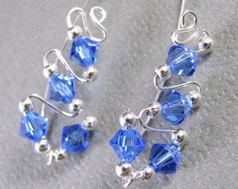 Sapphire Blue Ear Sweeps Ear Climbers Sterling Silver Swarovski Crystal wedding jewelry studs jacket wrap Customize September