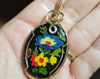 Floral Cloisonne Vintage cabochon in 14k gold filled wire wrapped pendant