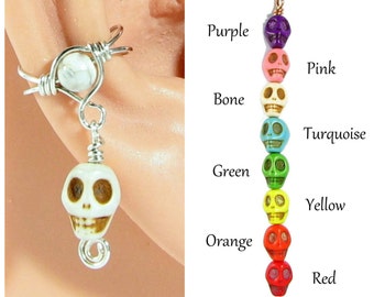 Skull Sterling Silver Dangle Ear Cuff multiple color options non pierced ear wrap cartilage earring Halloween Pirate Day of the Dead