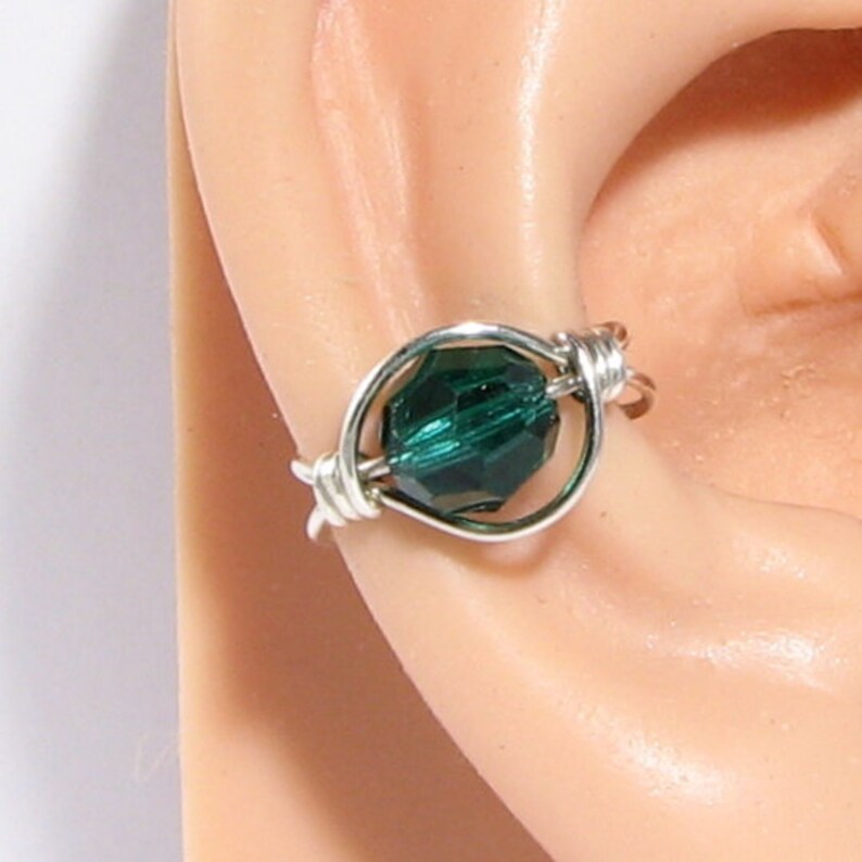 May Birthday Gift Birthstone Emerald Silver Ear Cuff Swarovski silver gold filled wrap cartilage earring non pierced Personalize image 2