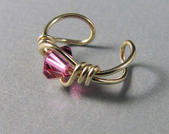 14k Gold Filled Ear Cuff Pink Rose Swarovski Crystal or Choice of Bead Non Pierced Cartilage earring