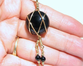 Black Onyx 14k GF Wire Wrapped Pendant Necklace