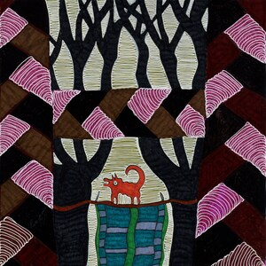 May include: A square illustration featuring a central orange fox-like creature standing on a horizontal line above a blue and green patterned rectangle. The scene is framed by black tree silhouettes and a border of diagonal brown and magenta stripes.