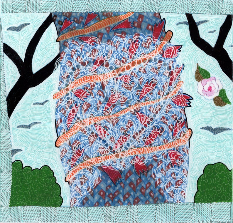May include: A square art print featuring a central blue patterned form wrapped in orange bands and white swirling lines. The background displays a light blue sky with black tree silhouettes, green bushes, small birds, and a single pink flower.