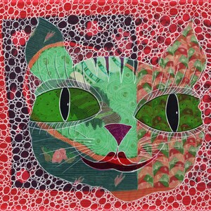 May include: A square artwork featuring a stylized cat face with large green eyes, a purple nose, and a red mouth. The cat is composed of various green and patterned sections, set against a vibrant red background filled with white circular outlines.