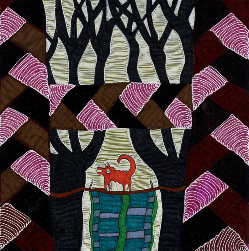 May include: A square illustration featuring a central orange fox-like creature standing on a horizontal line above a blue and green patterned rectangle. The scene is framed by black tree silhouettes and a border of diagonal brown and magenta stripes.