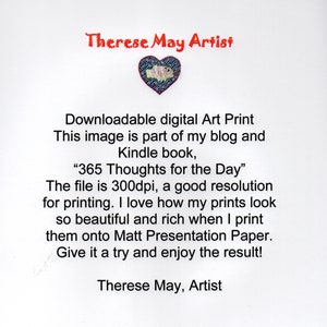 May include: A white digital art print featuring the red text Therese May Artist above a heart icon containing a fish illustration. The text reads: Downloadable digital Art Print. This image is part of my blog and Kindle book, 365 Thoughts for the Day.
