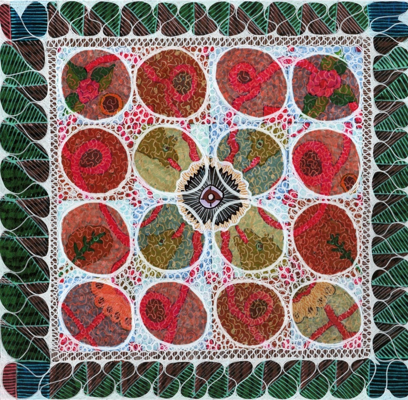 May include: A square textile piece featuring a grid of twelve circular motifs in shades of red, brown, and green, overlaid with intricate white line work. A central dark flower-like shape sits amidst the circles, framed by a green leaf border.