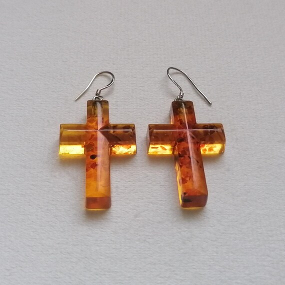 Solid Amber Cross Vintage Drop Earrings Sterling … - image 1