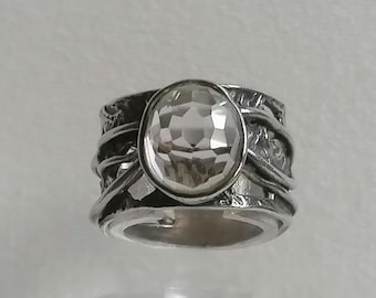 Birmingham Hallmarked Faceted Rock Crystal Sterling Silver Ring Israel Import Signed