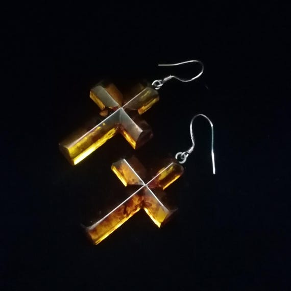 Solid Amber Cross Vintage Drop Earrings Sterling … - image 3