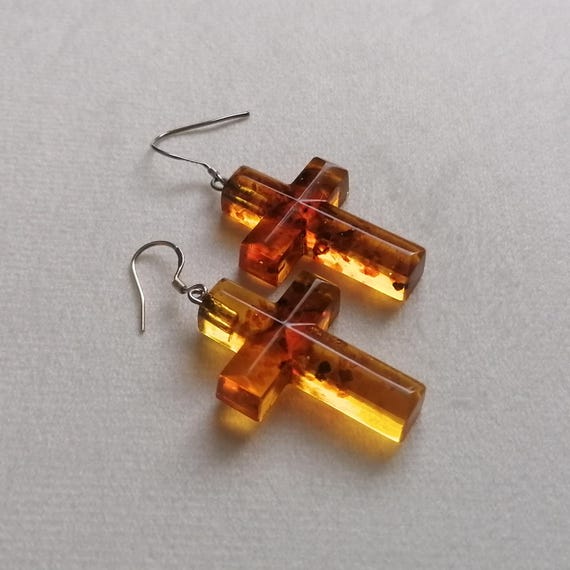 Solid Amber Cross Vintage Drop Earrings Sterling … - image 2