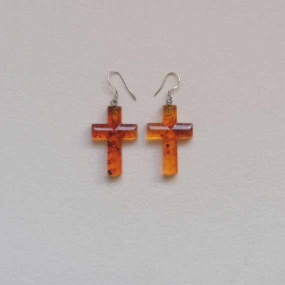 Solid Amber Cross Vintage Drop Earrings Sterling … - image 10