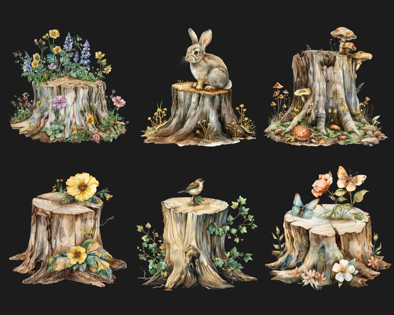 Calm Nature Tree Stump Digital Clipart L Printable Floral Wood Clip Art Transparent Background L