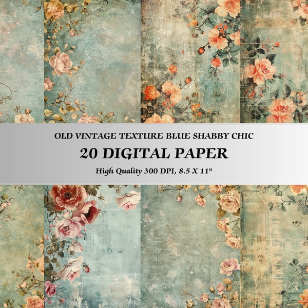 Romantic Pink Flower Blue Shabby Chic Digital Paper l Printable Floral Vintage Old Texture Print l Downloadable Moody File for Decoration