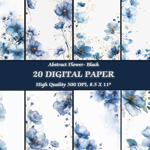 Papel digital con diseño floral abstracto azul de lujo | Imagen de atmósfera romántica | Fondo de pantalla imprimible | Impresión de fondo floral de acuarela melancólico